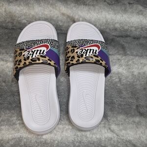 Nike White Slide Sandals with Leopard & Multi-Color Strap